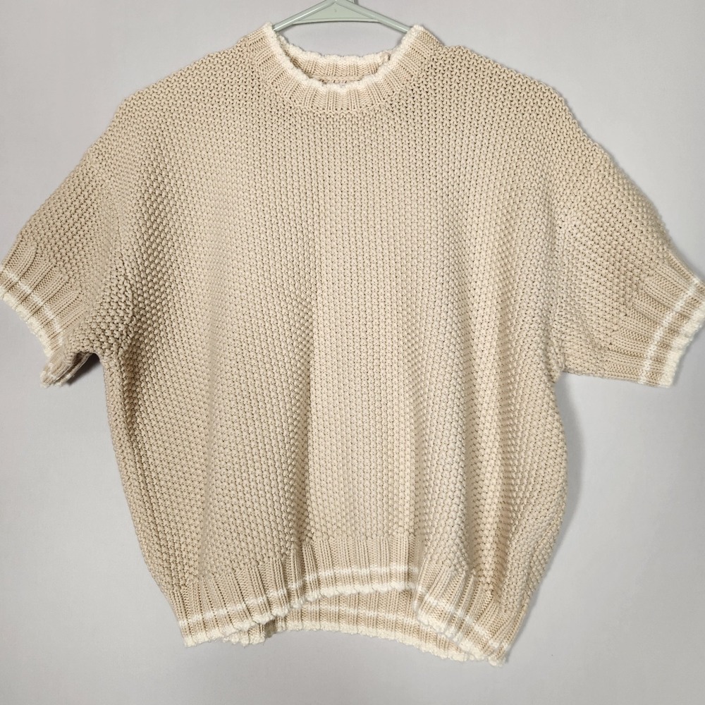 NWT Spendid Ann Marie Short Sleeve Cotton Sweater Large Beige $158